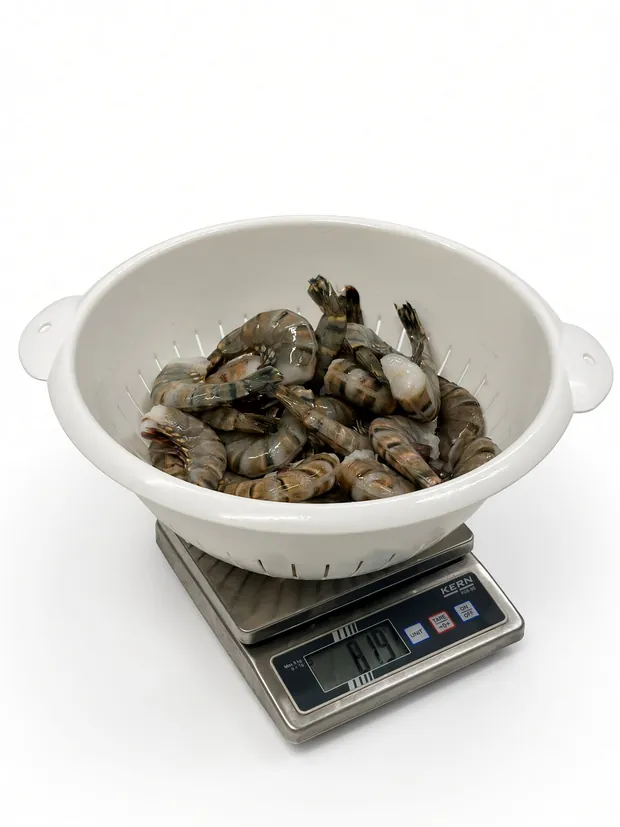 Het uitgelekte product wordt opnieuw gewogen: 819 gram.